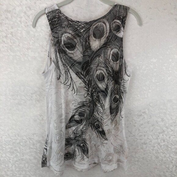 Forever 21 White and Gray Sleeveless Tank Top with Peacock Graphics and Sequins - Picture 2 of 12